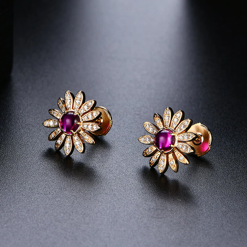 Flower Round Plain Ruby Stud Earrings In Sterling Silver - Image 5