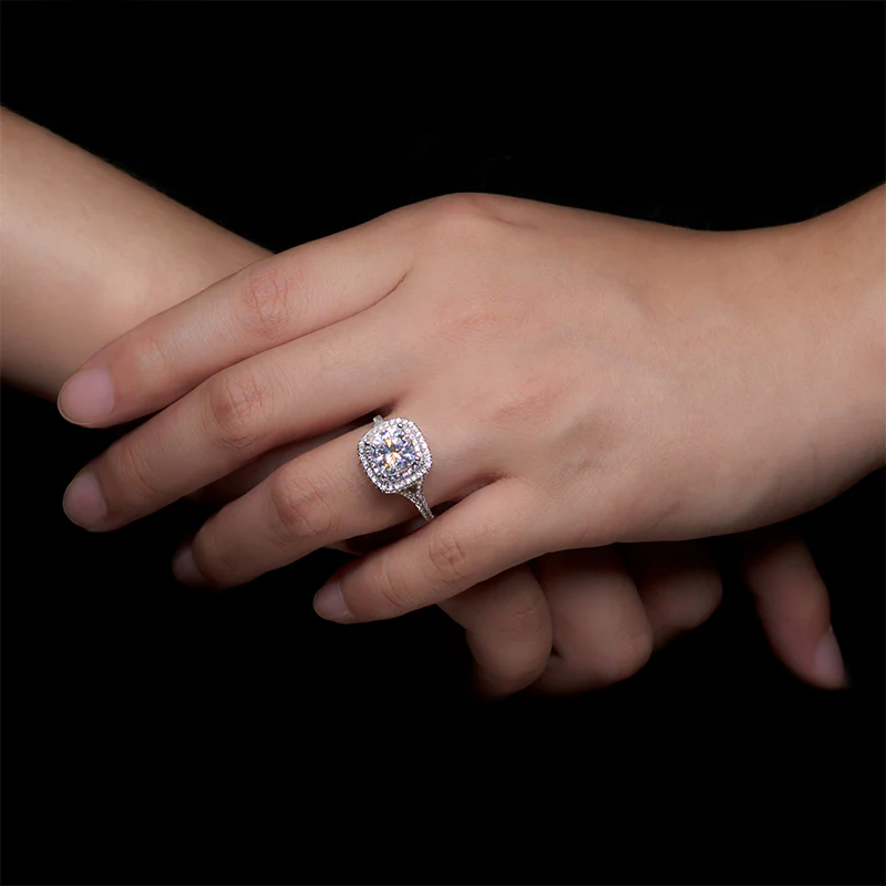 Double Halo Cushion Moissanite Pave Sterling Silver Engagement Ring - Image 6