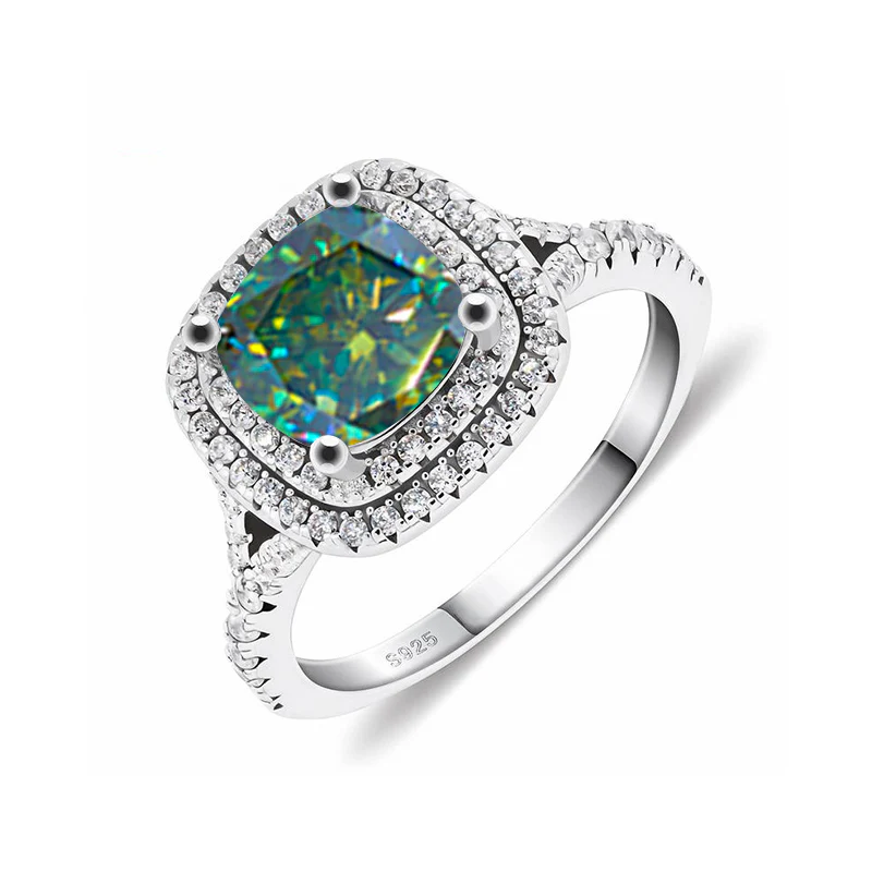 Double Halo Cushion Moissanite Pave Sterling Silver Engagement Ring - Image 9