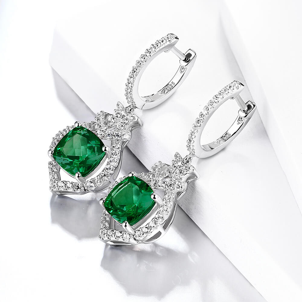 Halo Cushion-Cut Lab-Created Emerald Sterling Silver Drop Earrings - Image 4