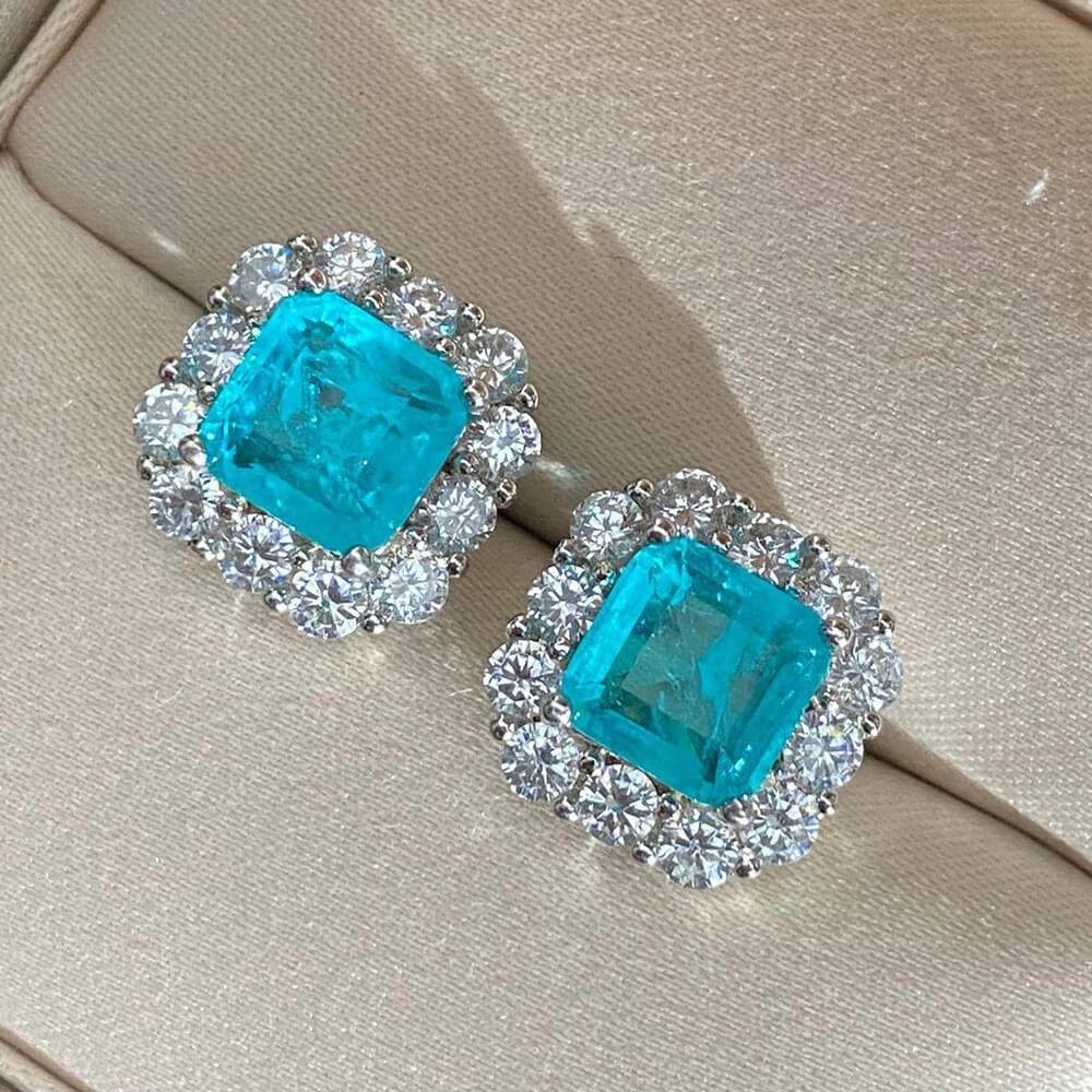 Halo Cushion Cut Paraiba Tourmaline Sterling Silver Stud Earrings - Image 2