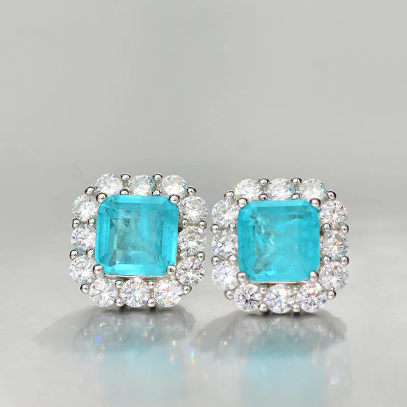 Halo Cushion Cut Paraiba Tourmaline Sterling Silver Stud Earrings - Image 3