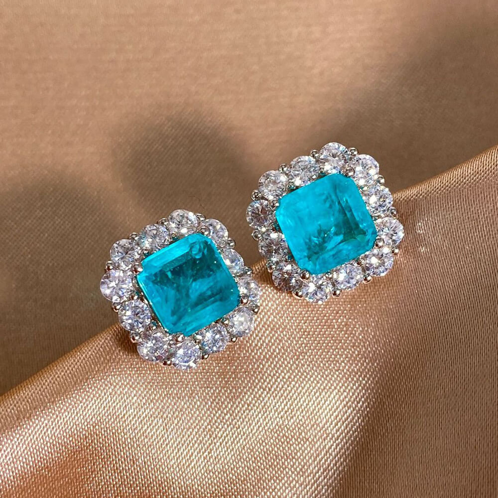 Halo Cushion Cut Paraiba Tourmaline Sterling Silver Stud Earrings - Image 4