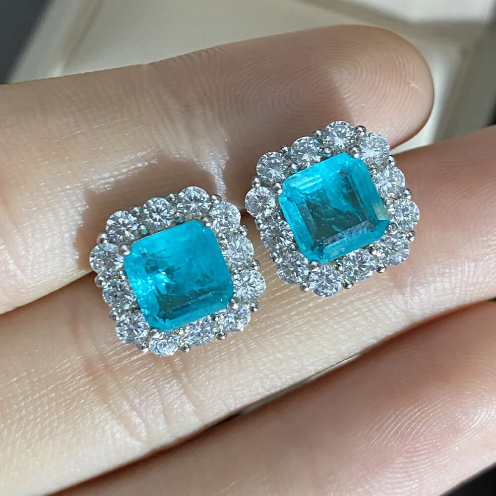 Halo Cushion Cut Paraiba Tourmaline Sterling Silver Stud Earrings - Image 5