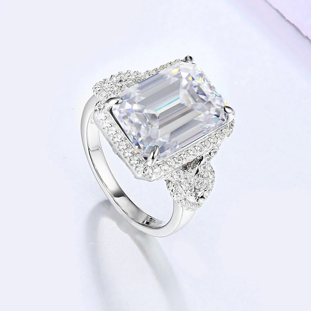 Halo Emerald Cut Moissanite Split Shank Engagement Ring - Image 3