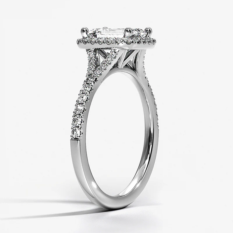 Halo Emerald Cut Moissanite Split Shank Pave Engagement Ring - Image 2