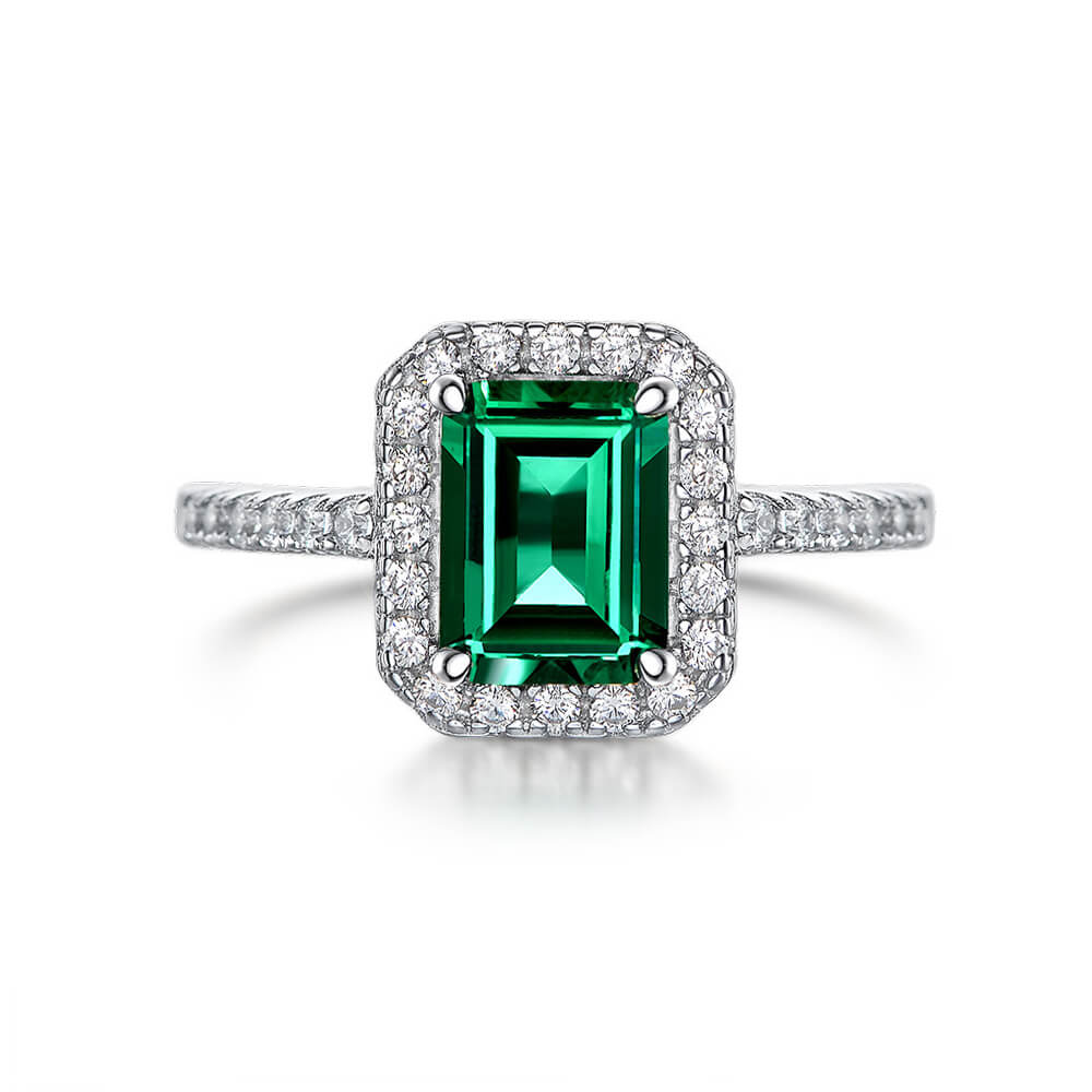 Halo Lab Emerald Accent Pave Sterling Silver Ring