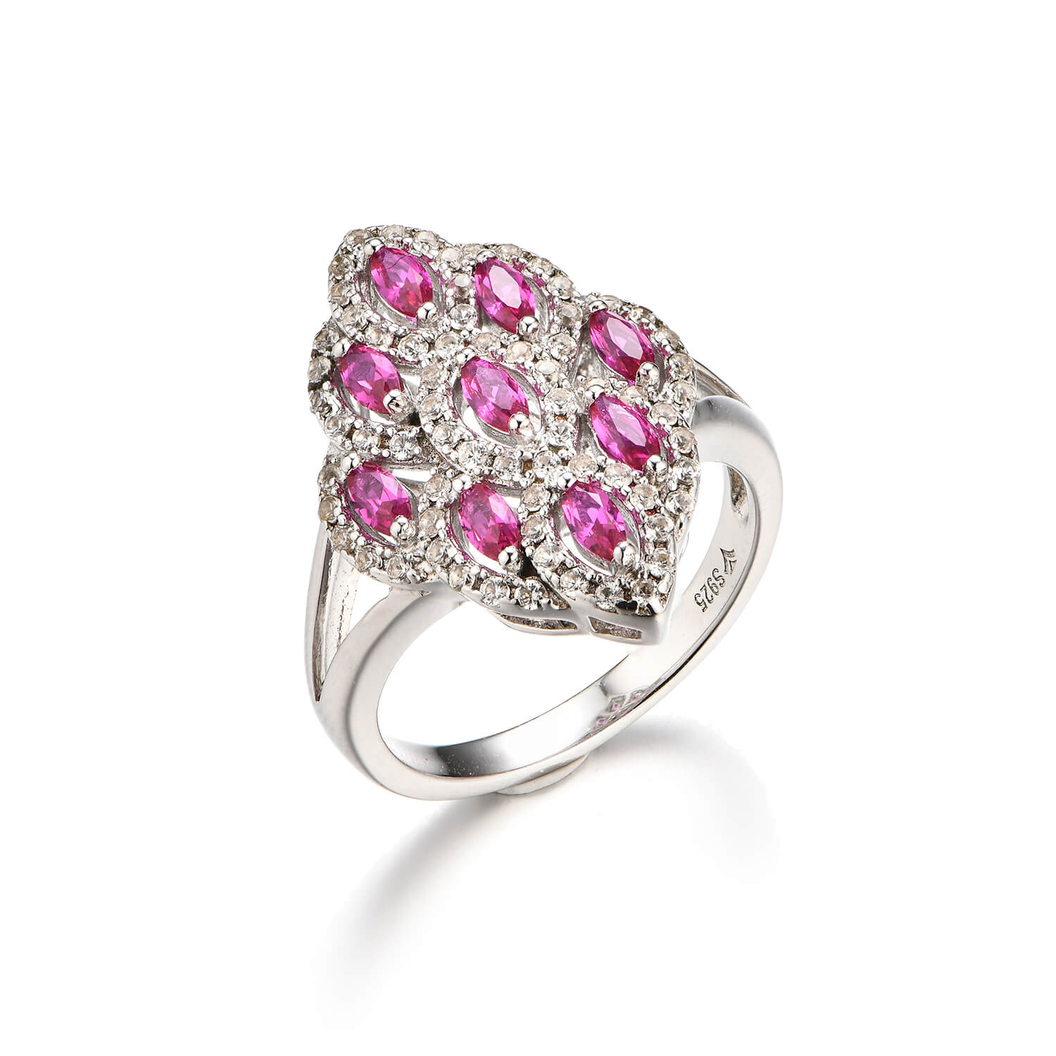 Halo Marquise Ruby Cluster Ring In Sterling Silver - Image 3
