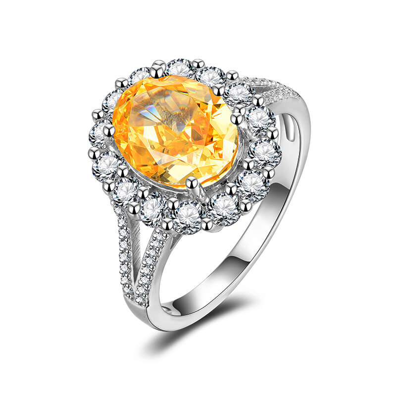 Halo Oval Cut Yellow Sapphire Pave Split Shank Sterling Silver Ring