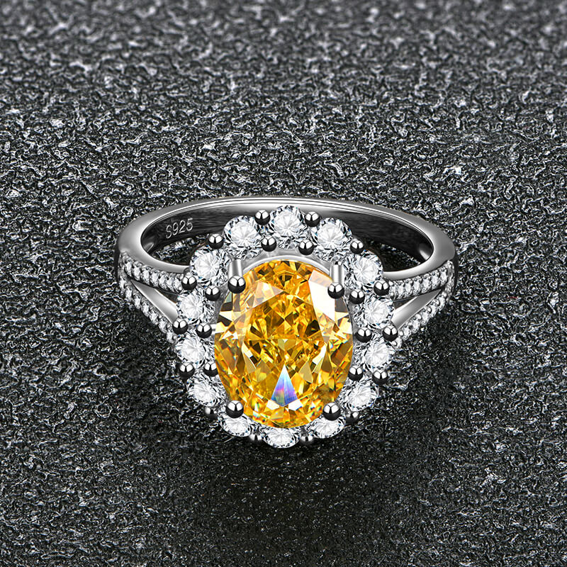 Halo Oval Cut Yellow Sapphire Pave Split Shank Sterling Silver Ring - Image 3