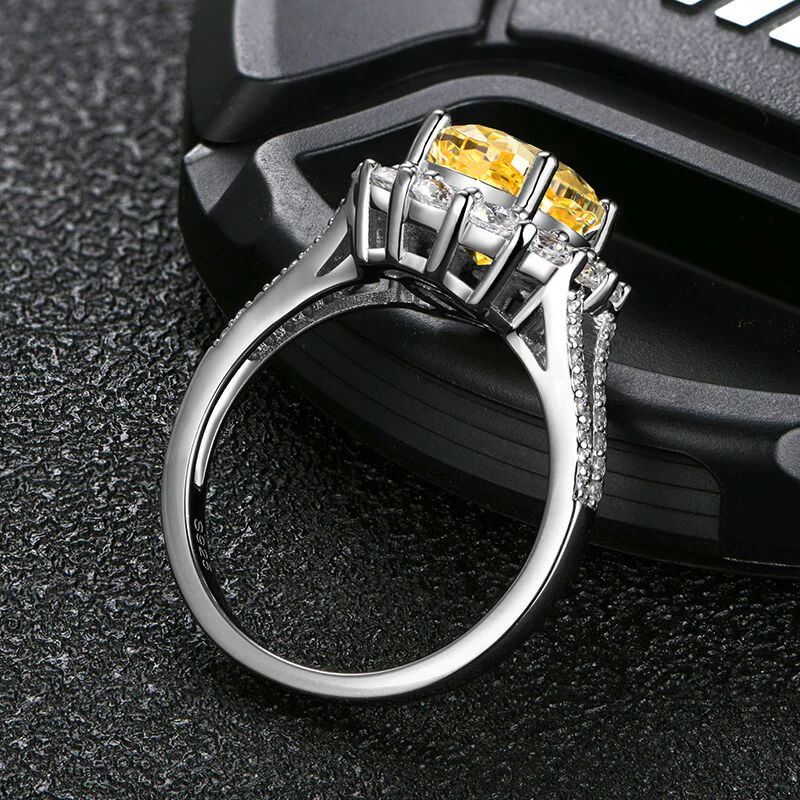 Halo Oval Cut Yellow Sapphire Pave Split Shank Sterling Silver Ring - Image 4