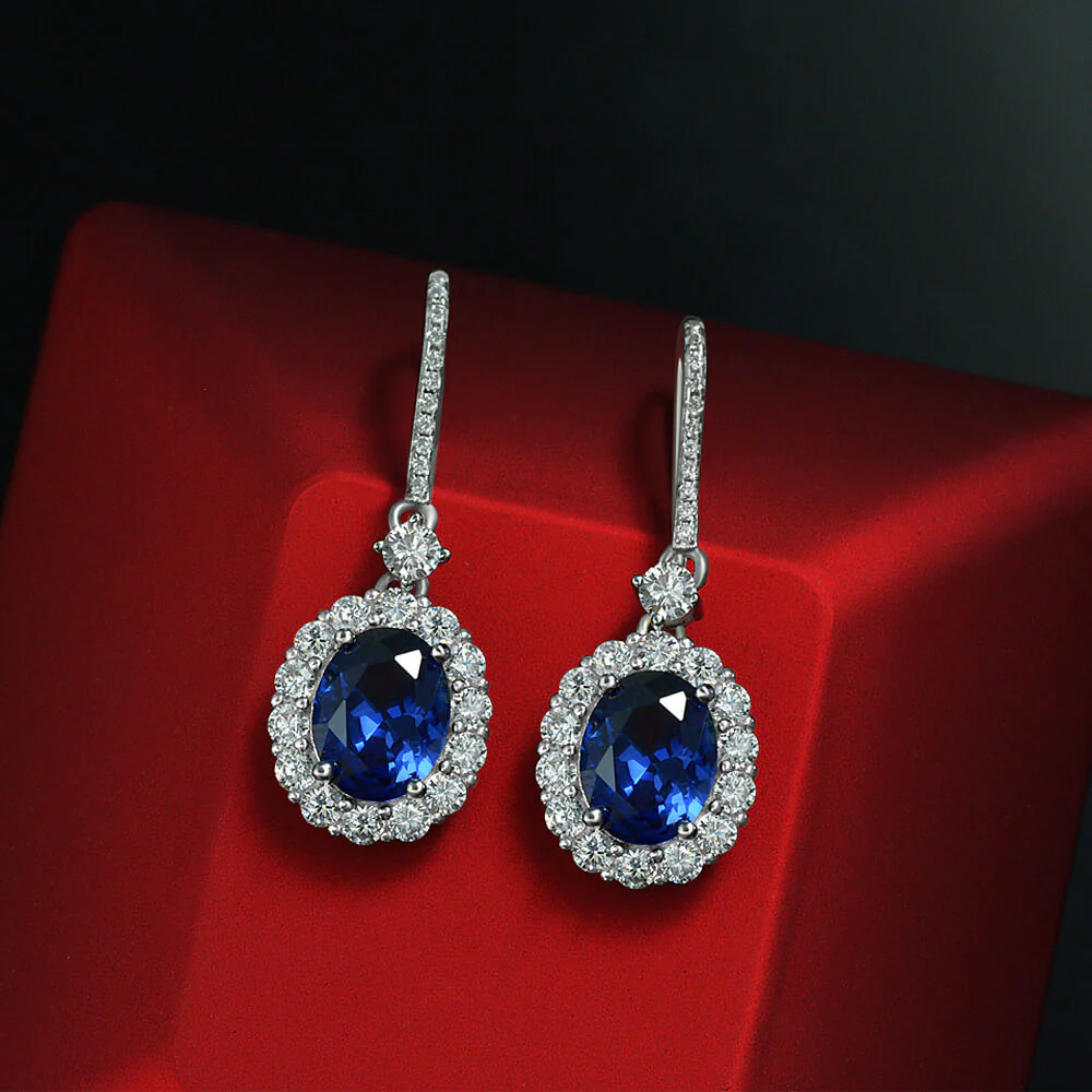 Halo Oval Lab-Sapphire Sterling Silver Drop Earrings - Image 3