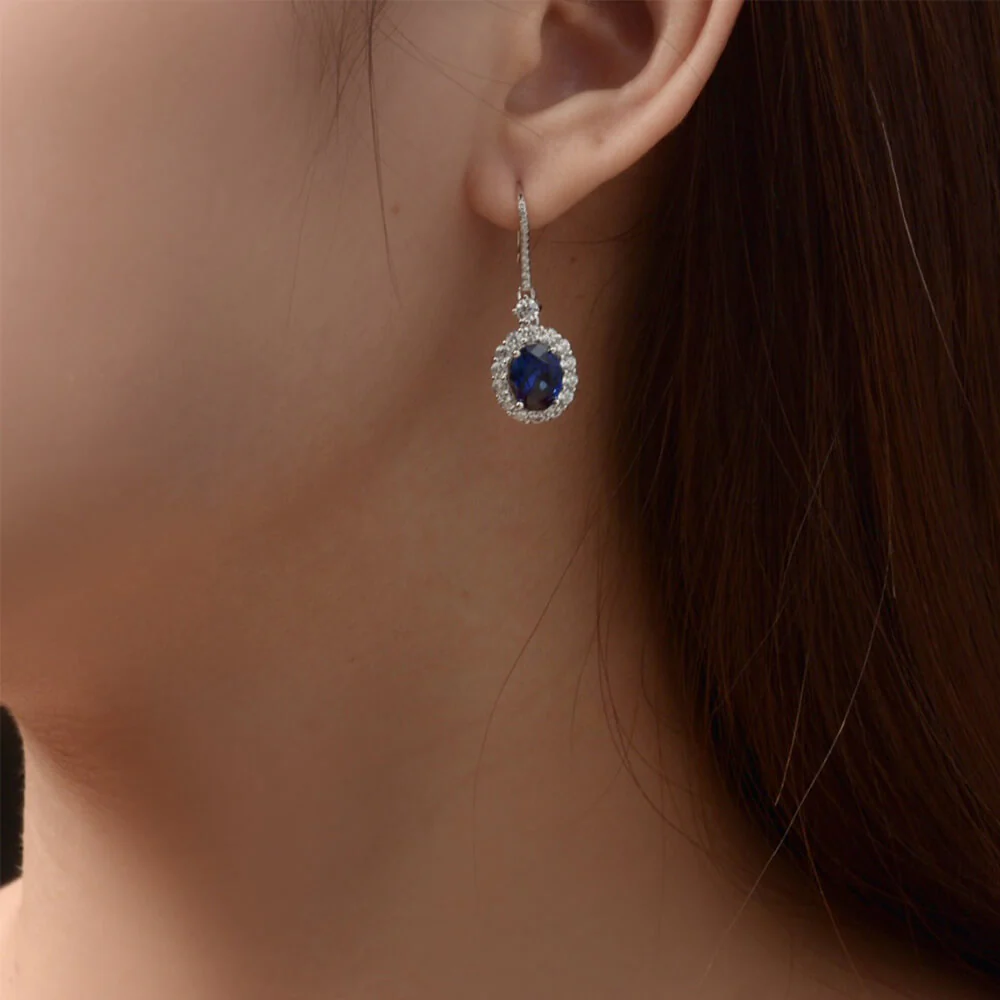 Halo Oval Lab-Sapphire Sterling Silver Drop Earrings - Image 5