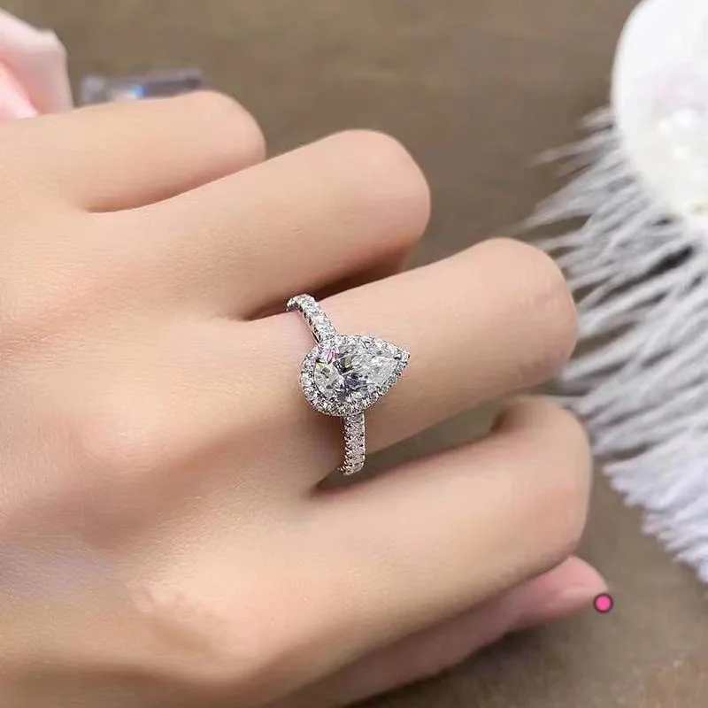 Halo Pear Cut Moissanite Pave Sterling Silver Engagement Ring - Image 6