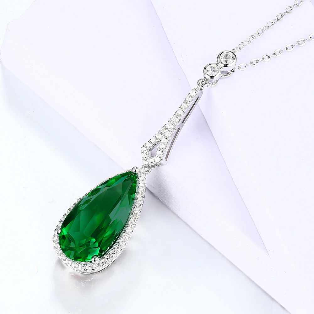 Halo Pear Lab-Created Emerald Sterling Silver Necklace Pendant - Image 4