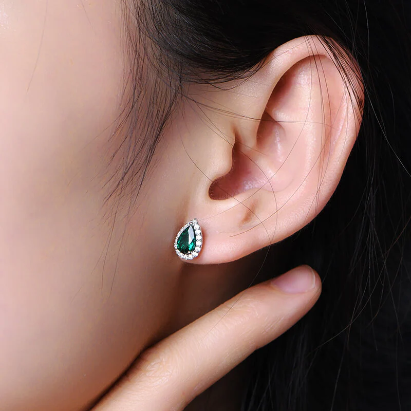 Halo Pear Lab-Created Emerald Sterling Silver Stud Earrings - Image 5