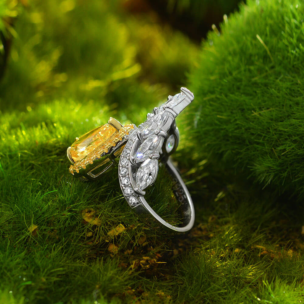 Halo Pear Yellow Sapphire Crown Accents Pave Sterling Silver Ring - Image 4