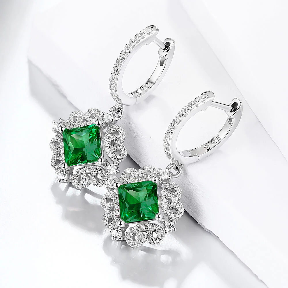 Halo Princess-Cut Lab-Created Emerald Sterling Silver Drop Earrings - Image 2