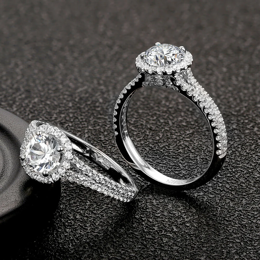 Halo Round Moissanite Double Shank Pave Engagement Ring - Image 5