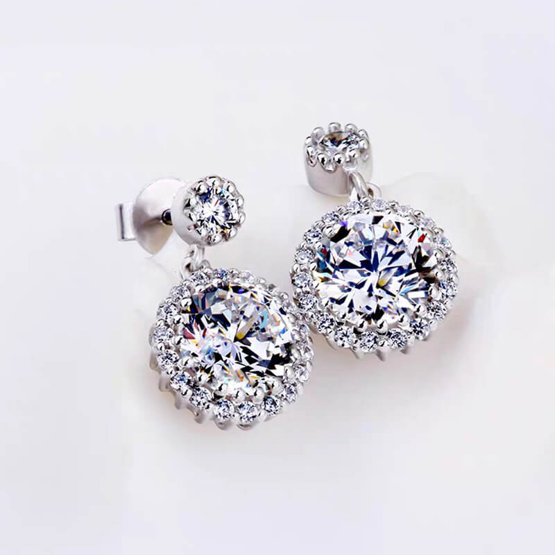 Halo Round Moissanite Drop Earrings In Sterling Silver - Image 3