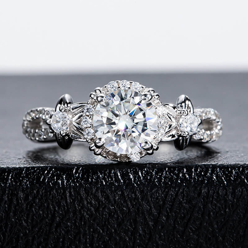 Halo Round Moissanite Star Accents Criss-Cross Pave Engagement Ring - Image 2