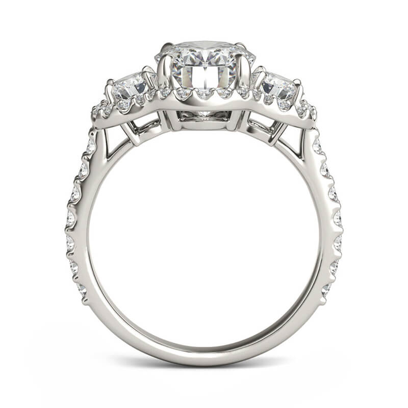 Halo Three Stone Oval Cut Moissanite Pave Engagement Ring - Image 4