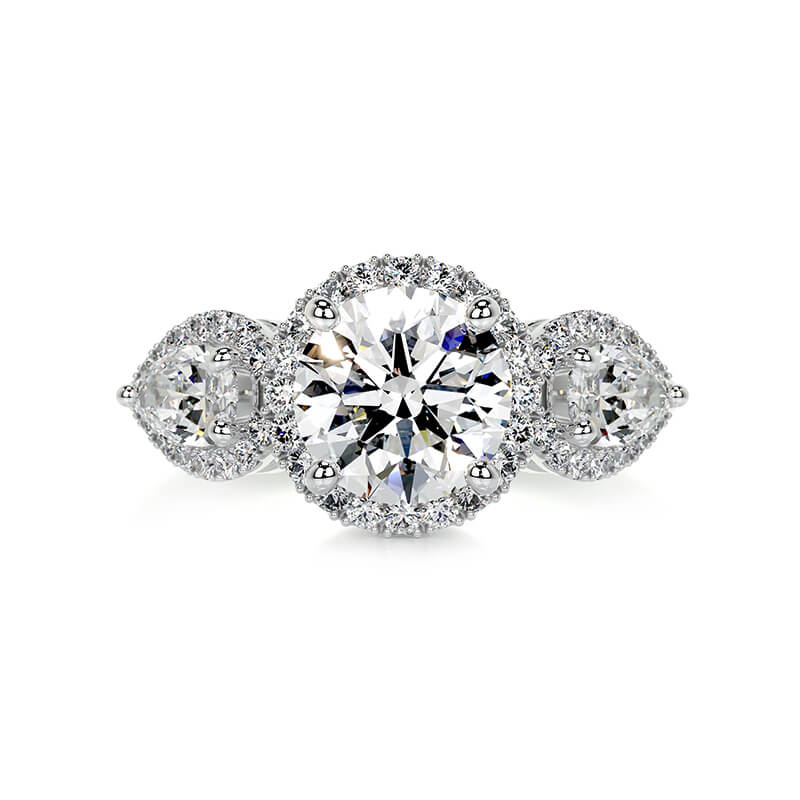 Halo Three Stone Round Moissanite And Pear Sapphire Engagement Ring