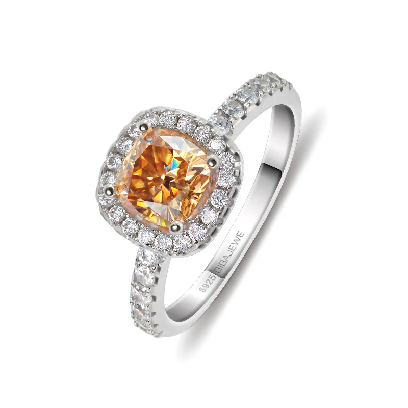 Halo Yellow Cushion Cut Moissanite Pave Sterling Silver Engagement Ring