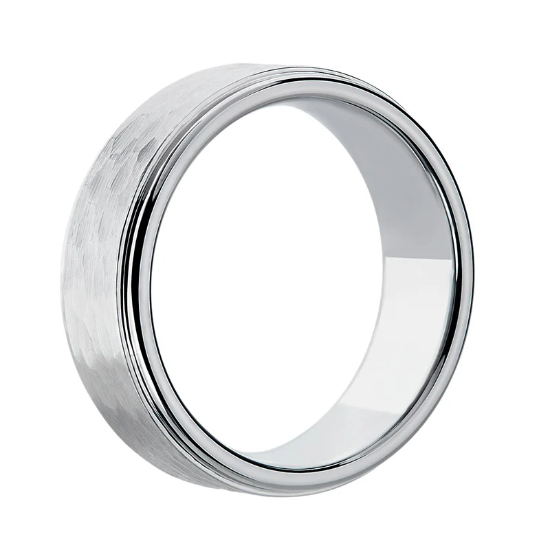 Hammered Texture Wedding Band Ring Polished Step In Sterling Silver - Image 2