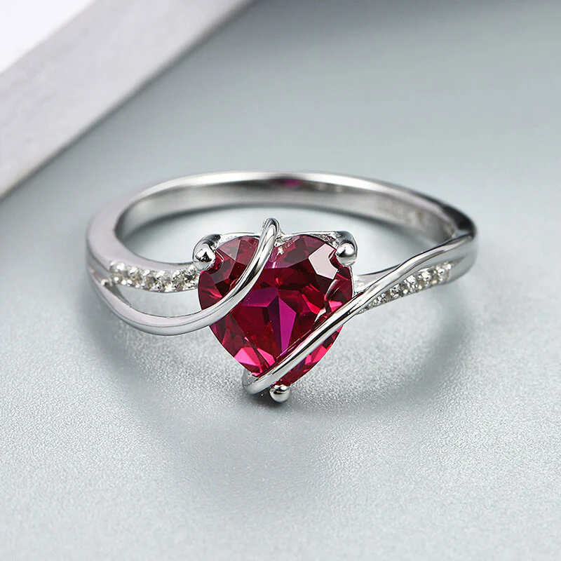Heart Cut Ruby Split Shank Pave Sterling Silver Ring - Image 2