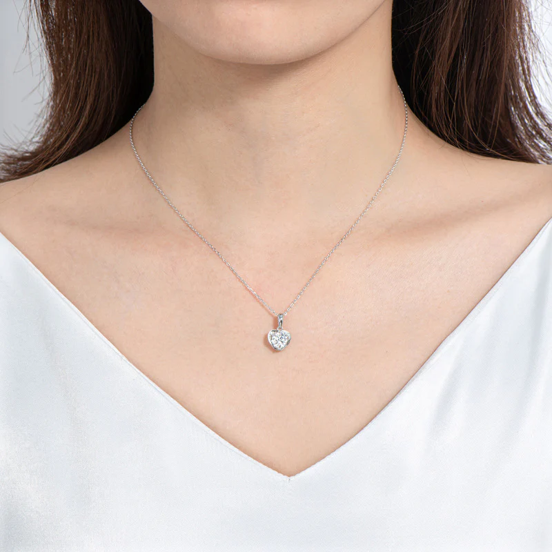 Heart Moissanite Side Stone Sterling Silver Necklace Pendant - Image 6