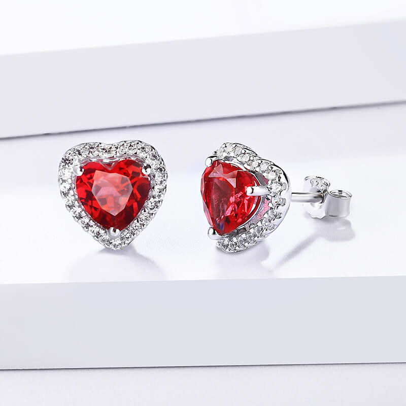 Heart Ruby Halo Sterling Silver Stud Earrings - Image 2
