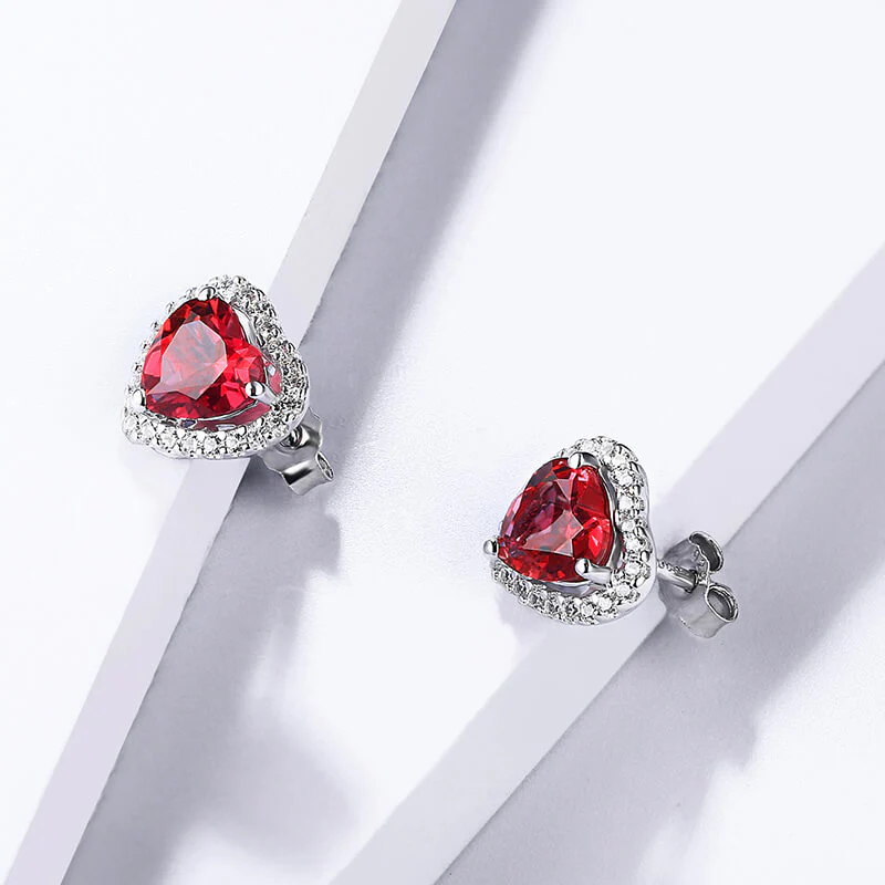 Heart Ruby Halo Sterling Silver Stud Earrings - Image 4