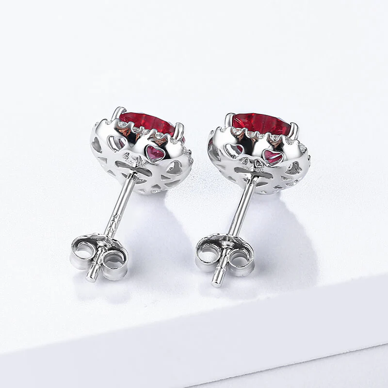 Heart Ruby Halo Sterling Silver Stud Earrings - Image 5