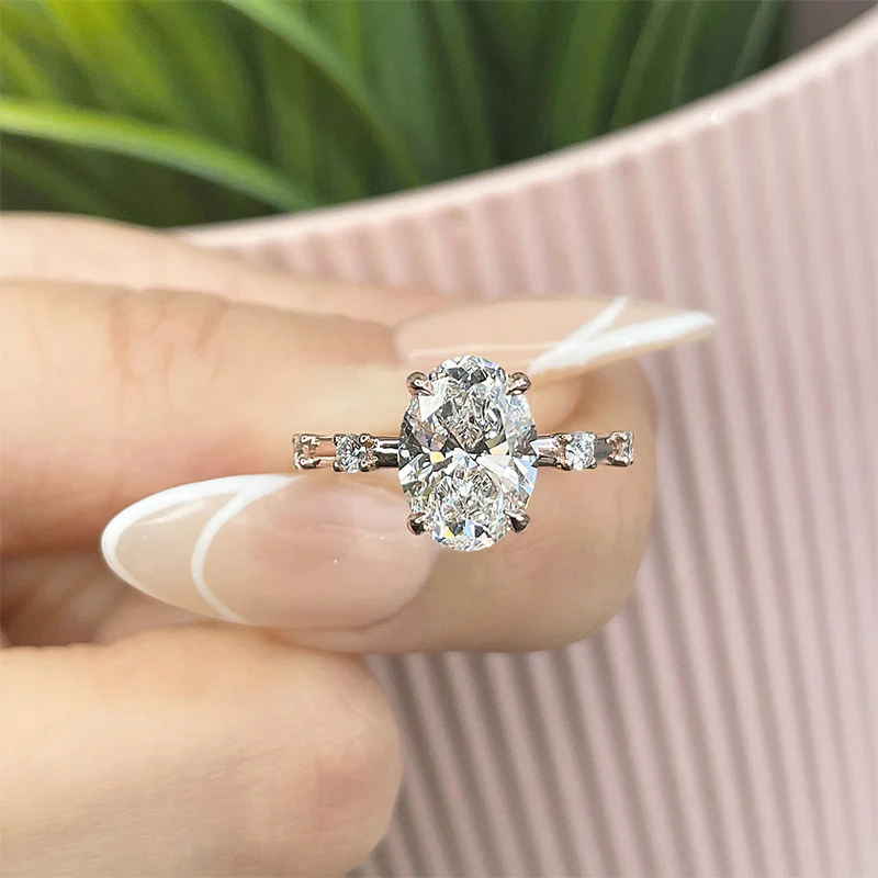 Hidden Halo Oval Moissanite Side Stone Engagement Ring - Image 4