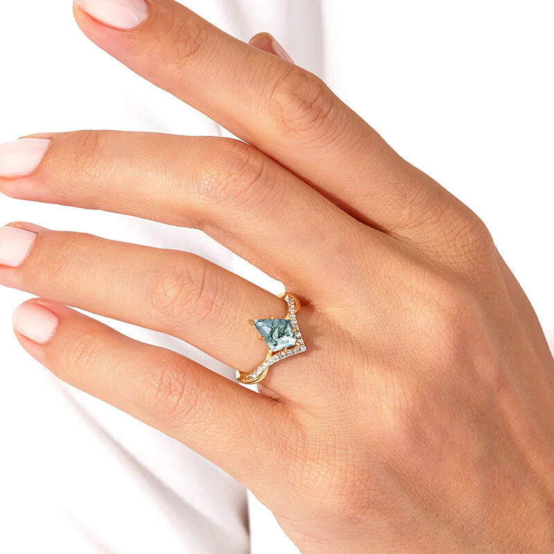 Kite Cut Moss Agate Chevron Twisted Pave Engagement Ring - Image 3