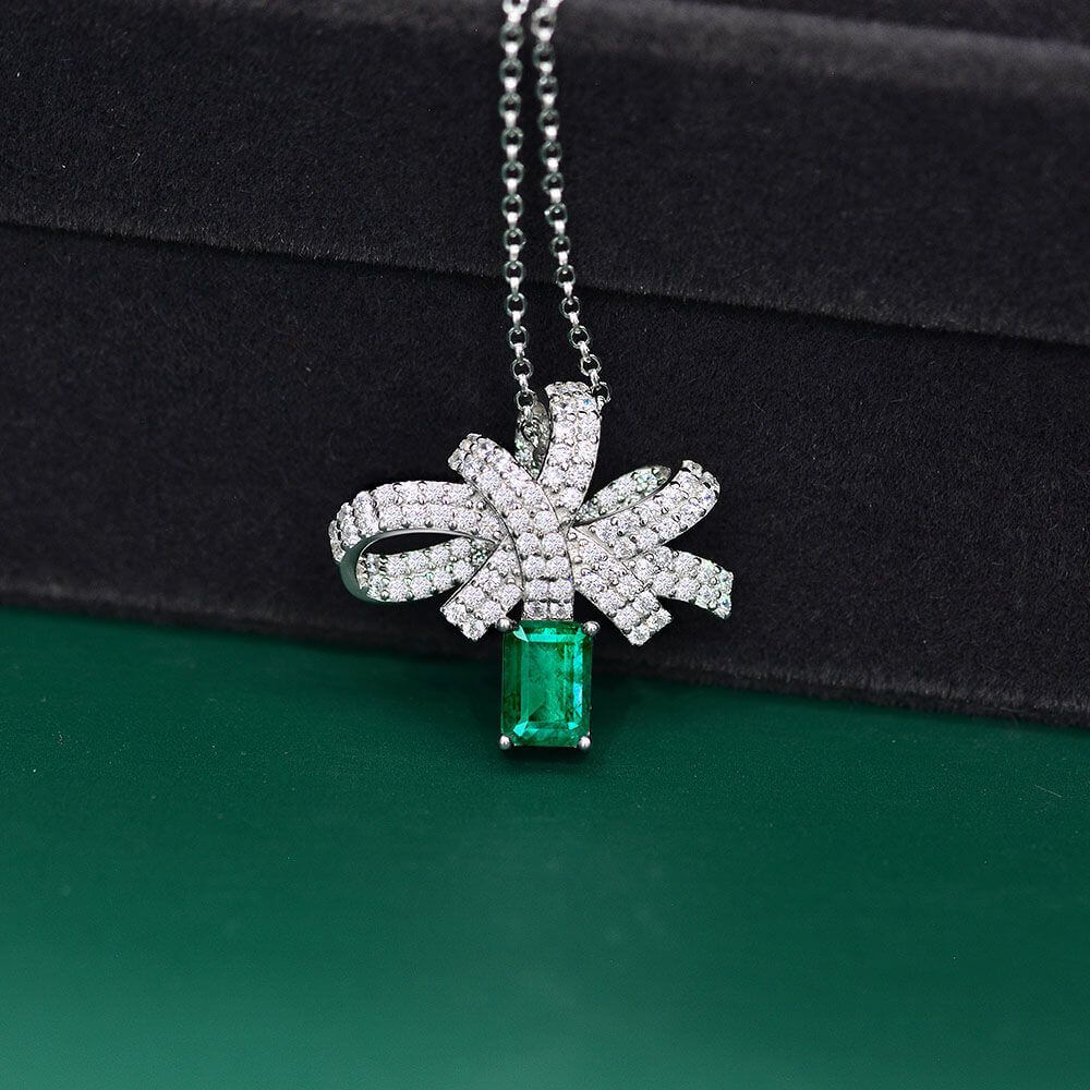 Lab Emerald Bow Sterling Silver Necklace Pendant - Image 3