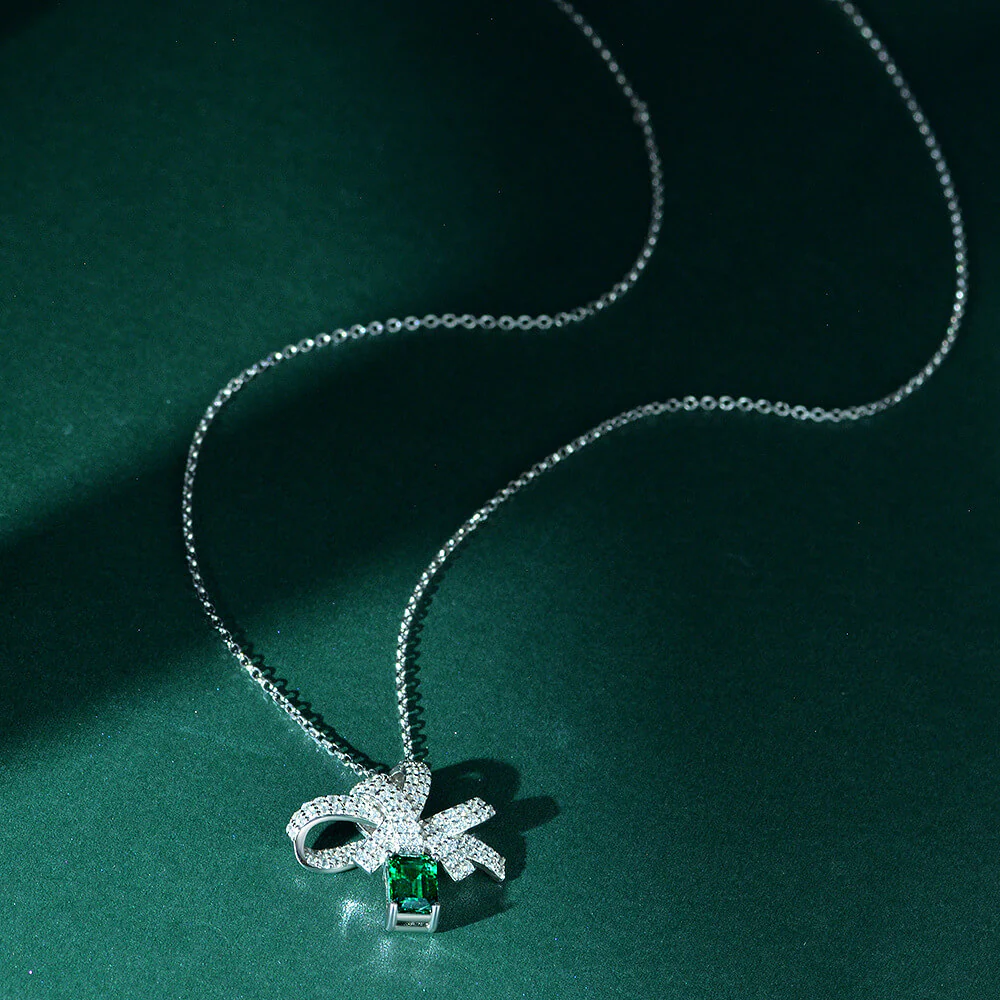 Lab Emerald Bow Sterling Silver Necklace Pendant - Image 4