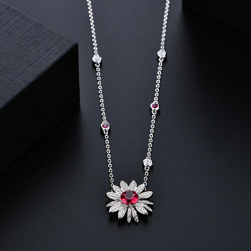 Leaf Halo Ruby Cluster Necklace In Sterling Silver - Image 2