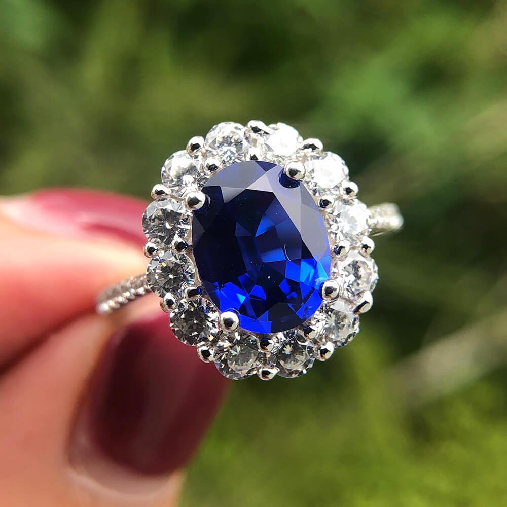 Luxury Halo Oval Sapphire Pave Sterling Silver Engagement Ring - Image 3