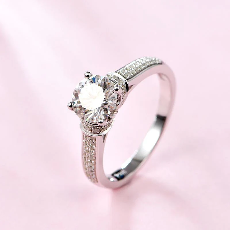 Round Moissanite Four Prong Side Stone Promise Engagement Ring - Image 3