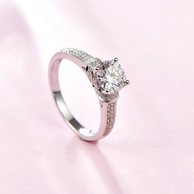 Round Moissanite Four Prong Side Stone Promise Engagement Ring - Image 4