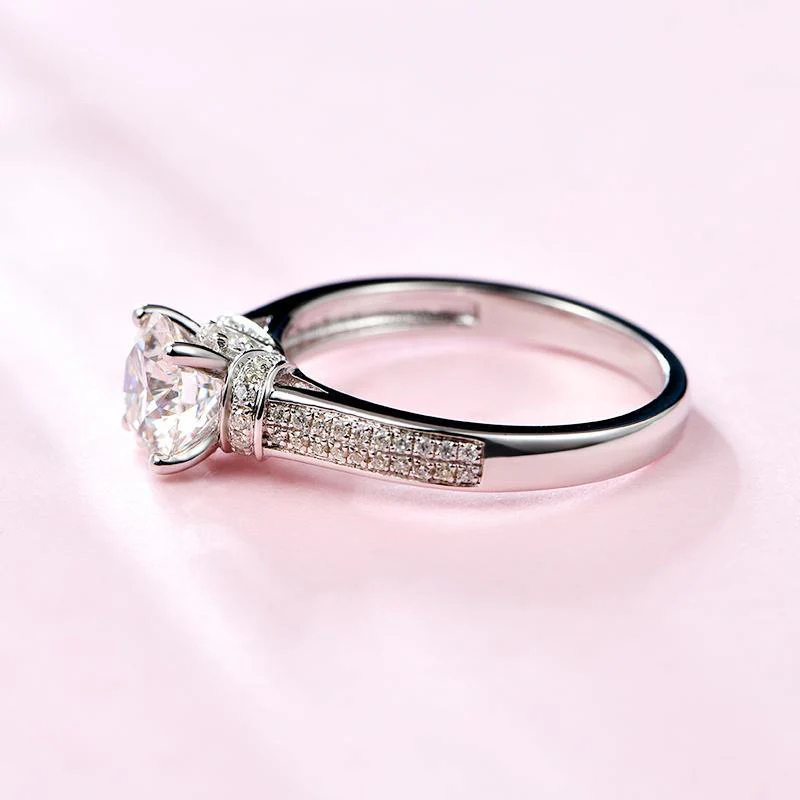 Round Moissanite Four Prong Side Stone Promise Engagement Ring - Image 5