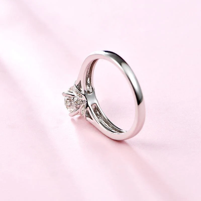 Round Moissanite Four Prong Side Stone Promise Engagement Ring - Image 6