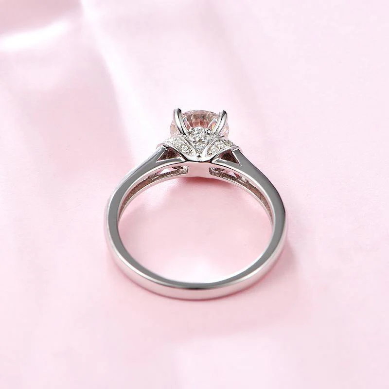 Round Moissanite Four Prong Side Stone Promise Engagement Ring - Image 7