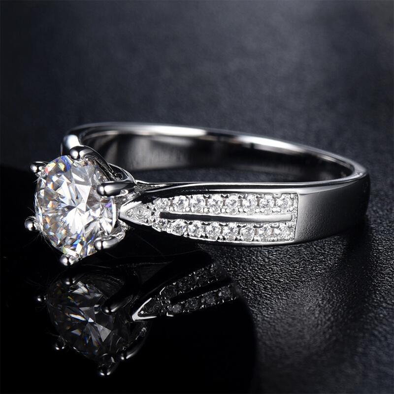 Round Moissanite Six Prong Pave Engagement Ring - Image 5