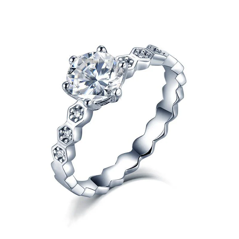 Moissanite Fashion Honeycomb Side Stone Sterling Silver Ring