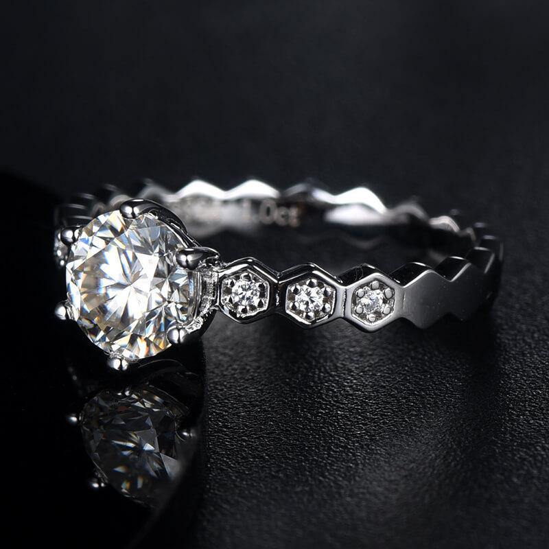 Moissanite Fashion Honeycomb Side Stone Sterling Silver Ring - Image 5