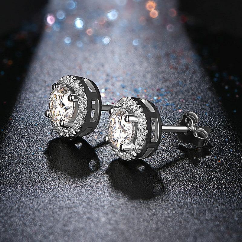 Fashion Halo Round Moissanite Sterling Silver Stud Earrings - Image 3
