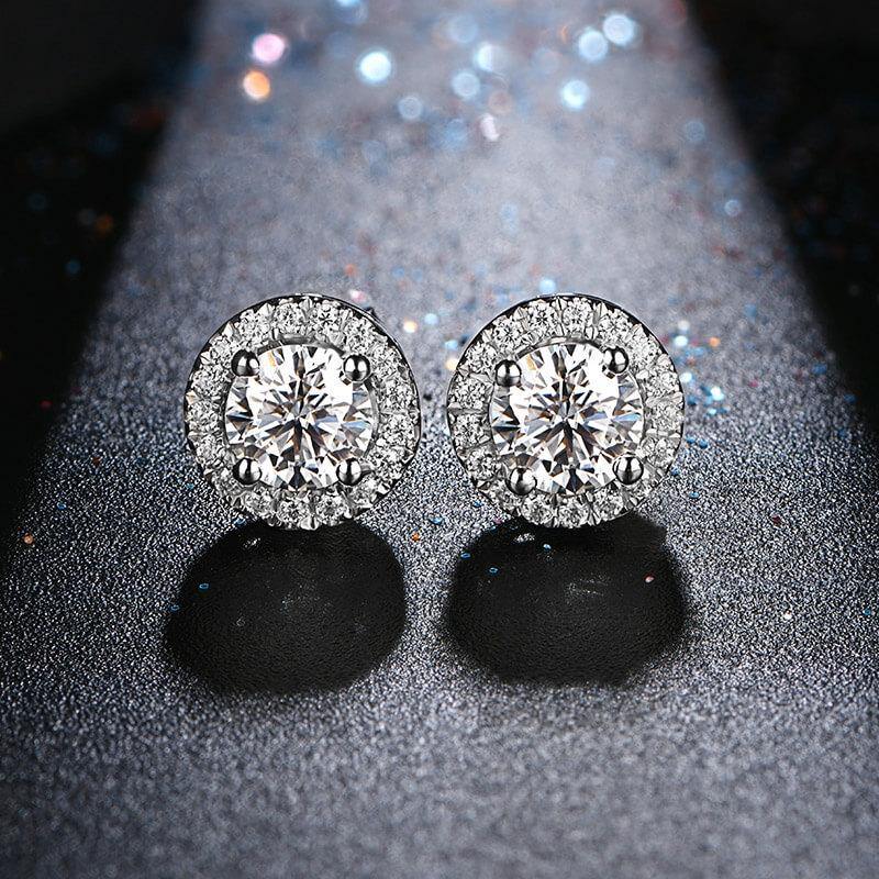 Fashion Halo Round Moissanite Sterling Silver Stud Earrings - Image 4